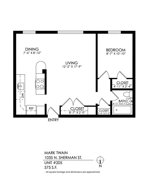 A black and white image of a floor plan for a unit at 1035 N. Sherman St.